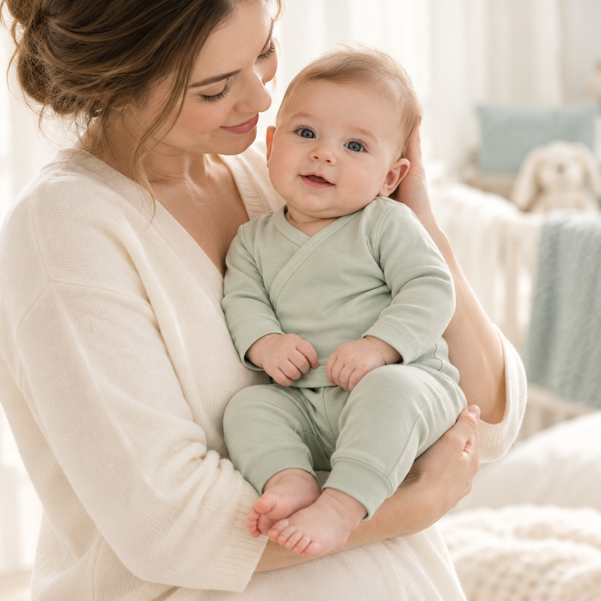 Concept image: mother holding an awake baby wearing a sage wrap-front kimono outfit. Final product details may differ.