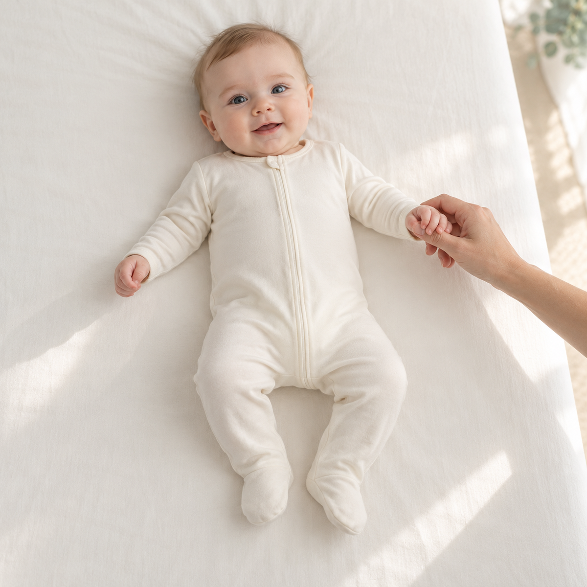 Concept image: baby in an ivory sleep suit holding a parent’s hand. Final product details may differ.