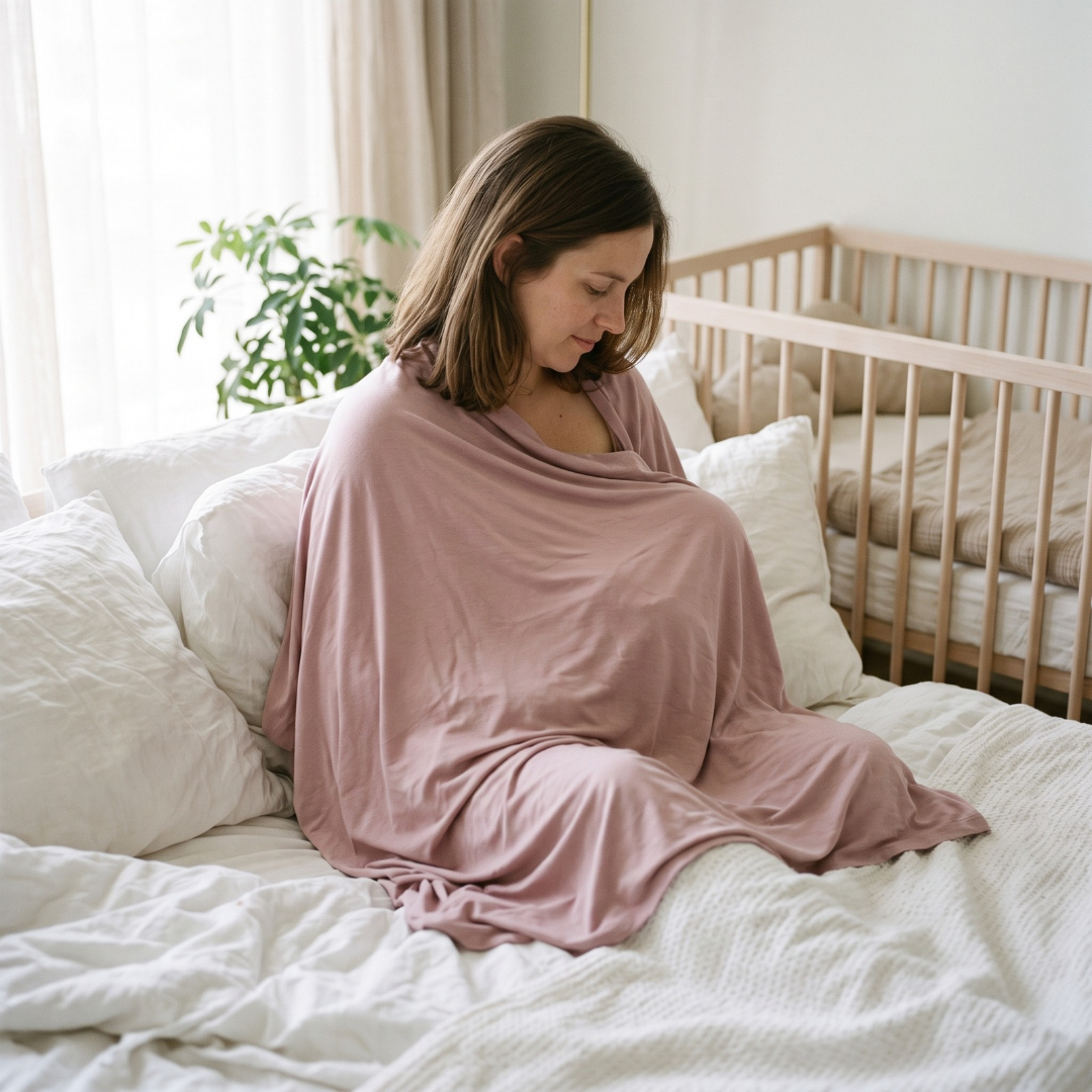 Rosy Nurture Cover draped during a nursing moment