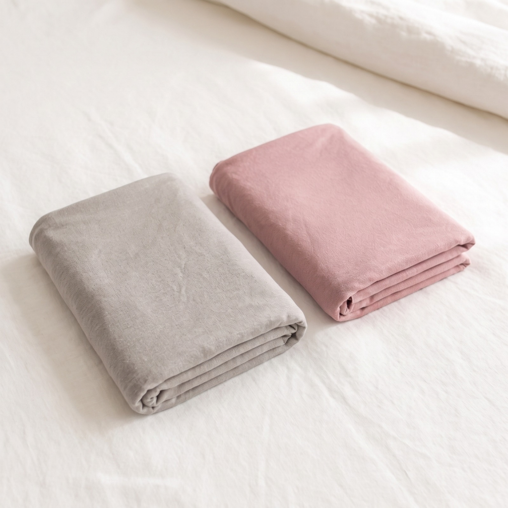 Rosy pink and Pebble grey Nurture Covers folded side by side