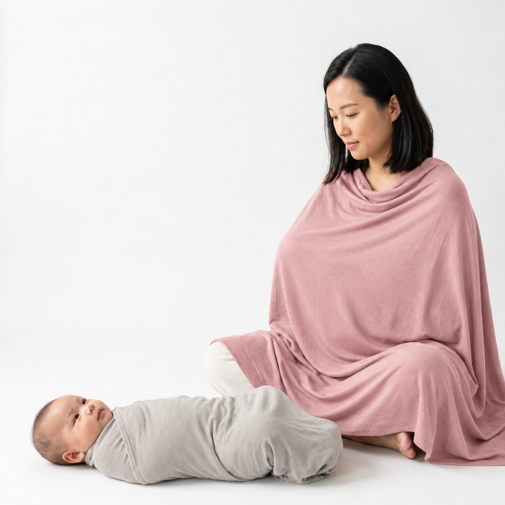 Nurture Cover shown as a nursing cover in Rosy and a swaddle in Pebble